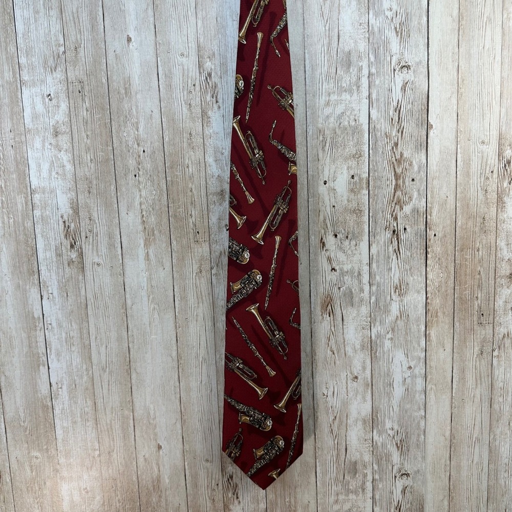 Lands'‎ End Men's Burgundy Musical Instruments Saxaphone 100% Silk Necktie Long